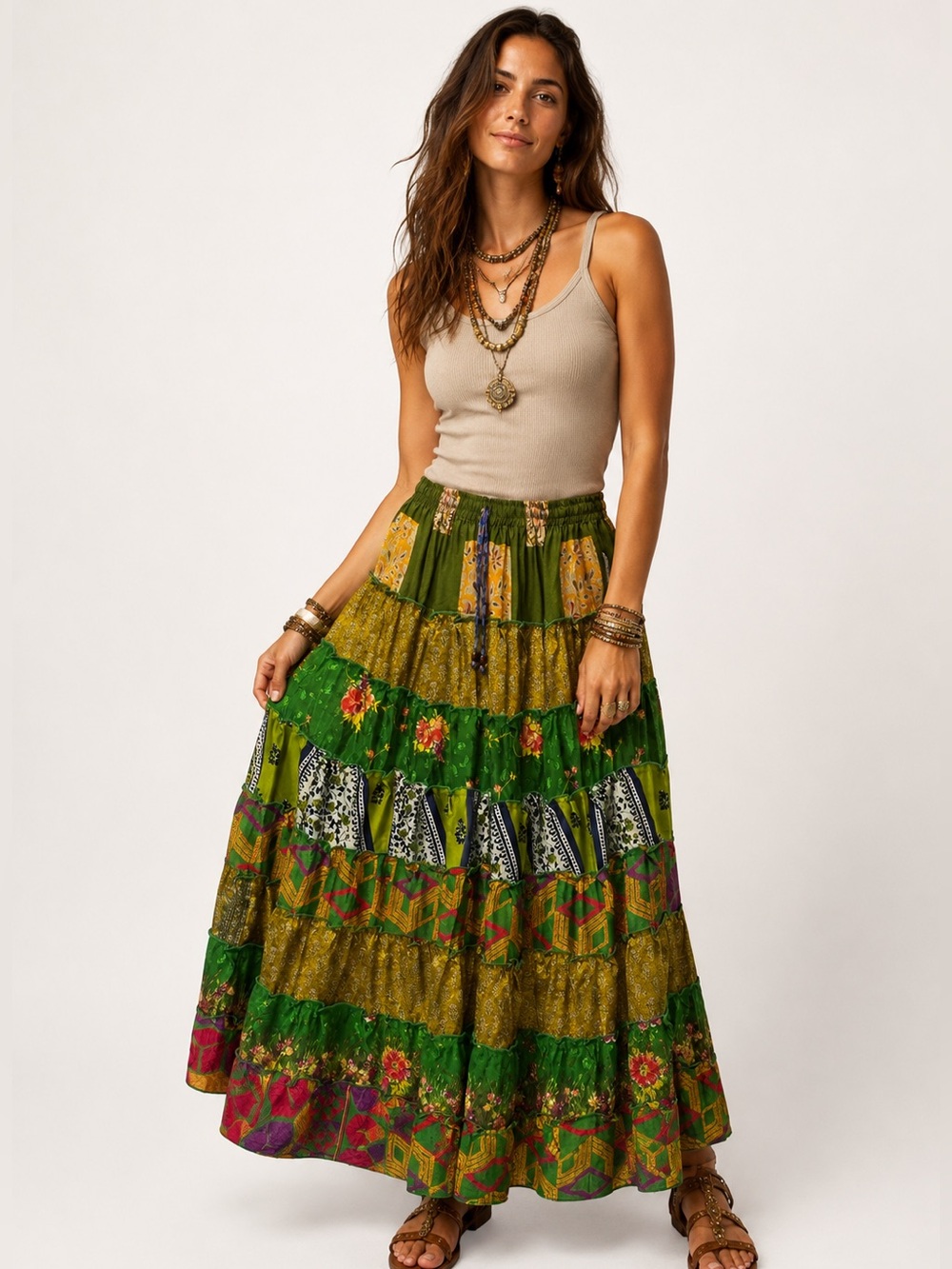 25. Boho Tiered Patchwork Maxi Skirt With Pockets